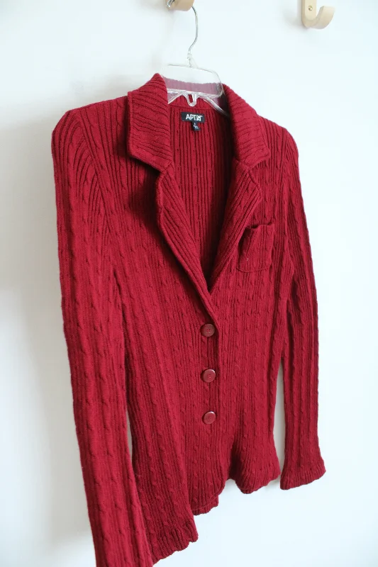 Apt. 9 Red Cable Knit Collared Button Down Cardigan | S Chenille Brocade Lace