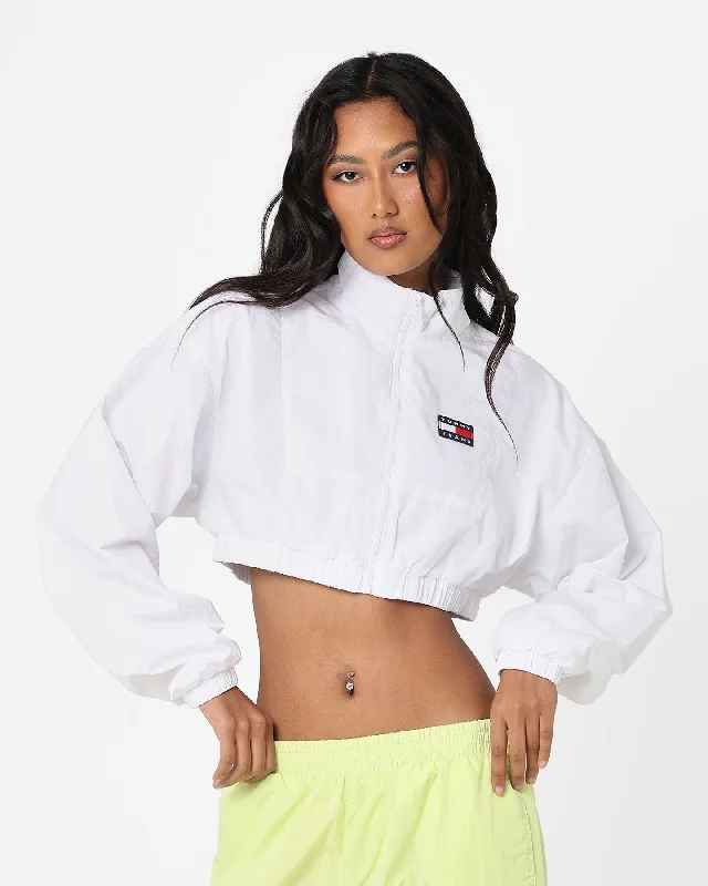 Tommy Jeans Women's Ultra Cropped Windbreaker Jacket White Boat Neck Shawl Collar Notched Collar