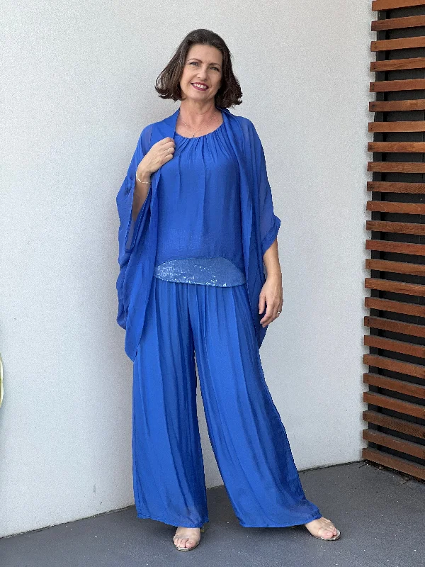 Leah Royal Blue Silk Top & Cardigan Set Wool Fabric Cashmere Fabric Tweed Fabric