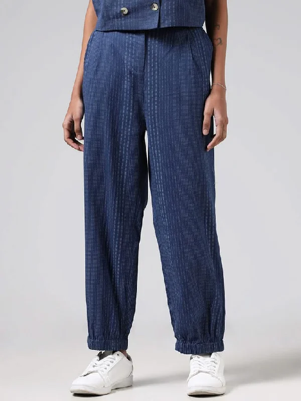 Bombay Paisley Blue Pinstriped Embroidered Blended Linen Ethnic Pants Sleek Black Pants