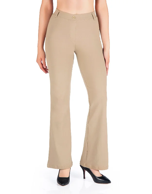 Flare Yoga Dress Pants, Back Pockets (Khaki) Comfortable Wide-Leg Pants