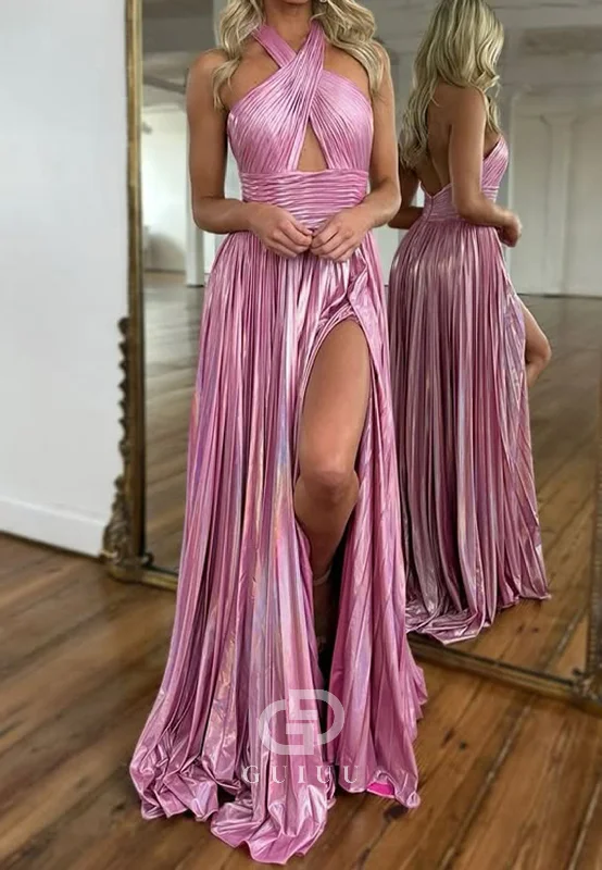 Candy Pink Halter Sleeveless Prom Dress with Slit Empire-Waist Evening Party Dress A-Line Day Work