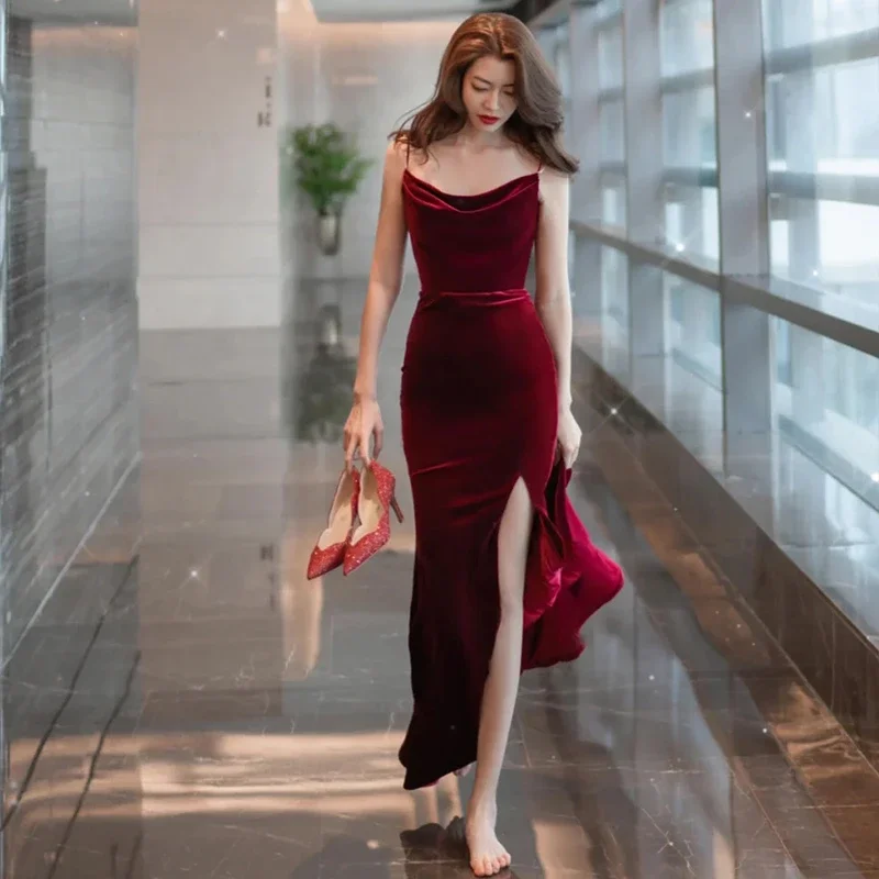 Burgundy Velvet Sexy Mermaid Slit Long Evening Dress, Backless Prom Dress Party Dress    cg22168 Tunics Timeless classic