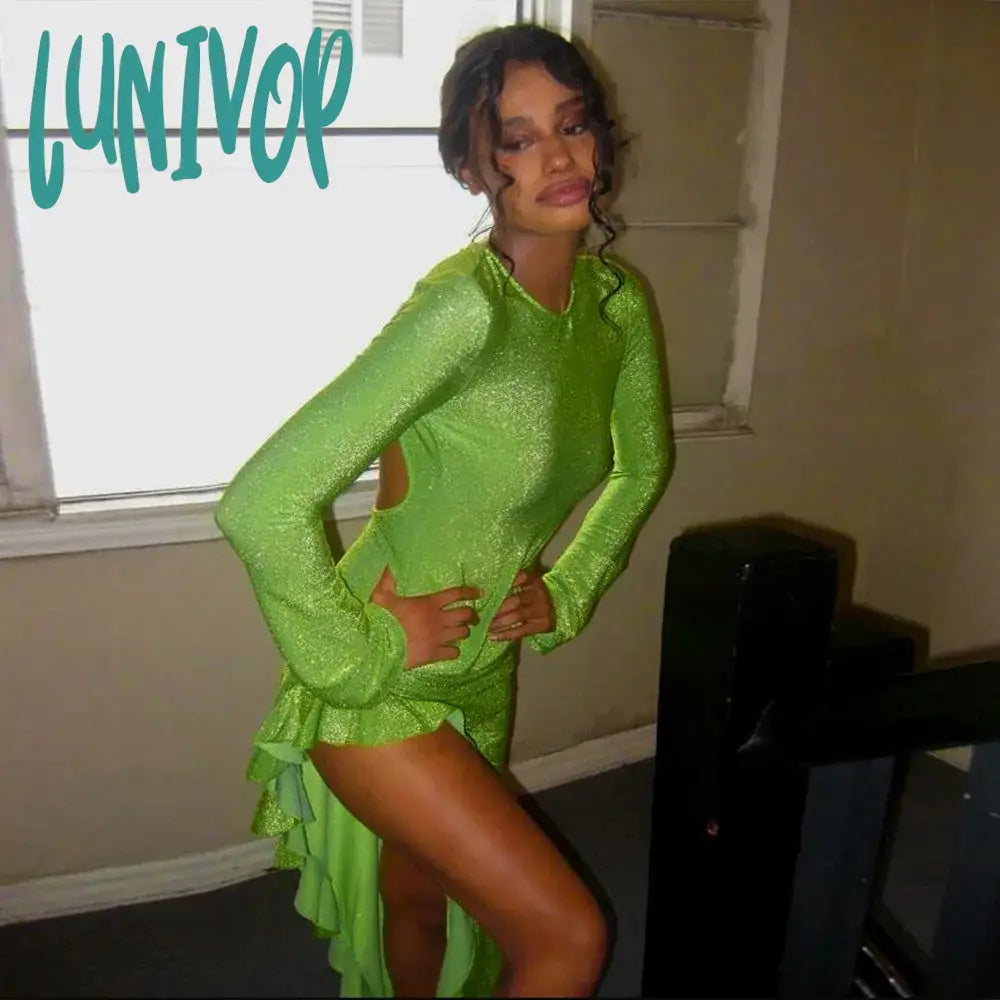 Lunivop Green Ruffle Maxi Dress Women Fashion Shiny Long Sleeve Slim Evening Party Dresses Autumn Sexy Irregular Backless Dress Tunics Office stylish