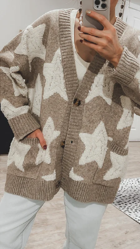 Starry Comfort: Sherpa Accent Star Oversized Cardigan Zippered Front Buttoned Front Snap Front Starry Comfort: Sherpa Accent Star Oversized Cardigan Zippered Front Buttoned Front Snap Front