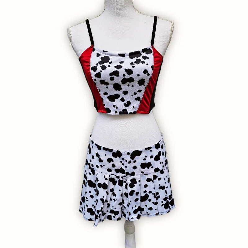 Evil Villain Costume | Cropped Striped Tank & Spotted Print Pleated Skirt rhinestone tank top