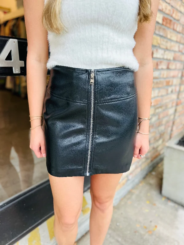 Ingrid Zip Front Mini Skirt- Black silk skirt lustrous