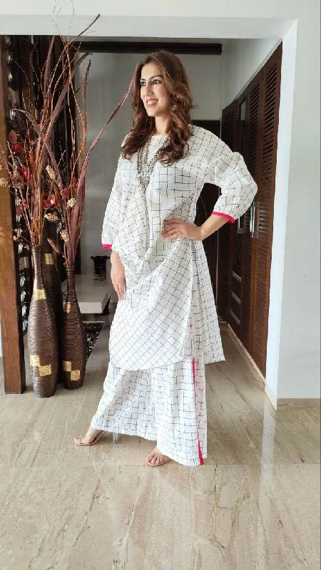 Checks White Drape Kurta Pant Set Modern Stretch Trousers