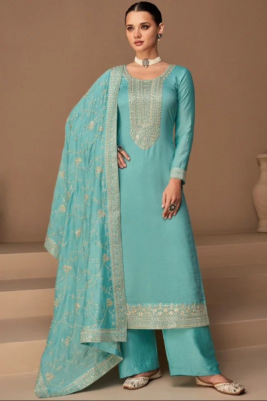 Yellow Chinon Silk Kameez Pant Suit For Indian Festivals & Weddings - Thread Embroidery Work, Comfortable Fleece Pants