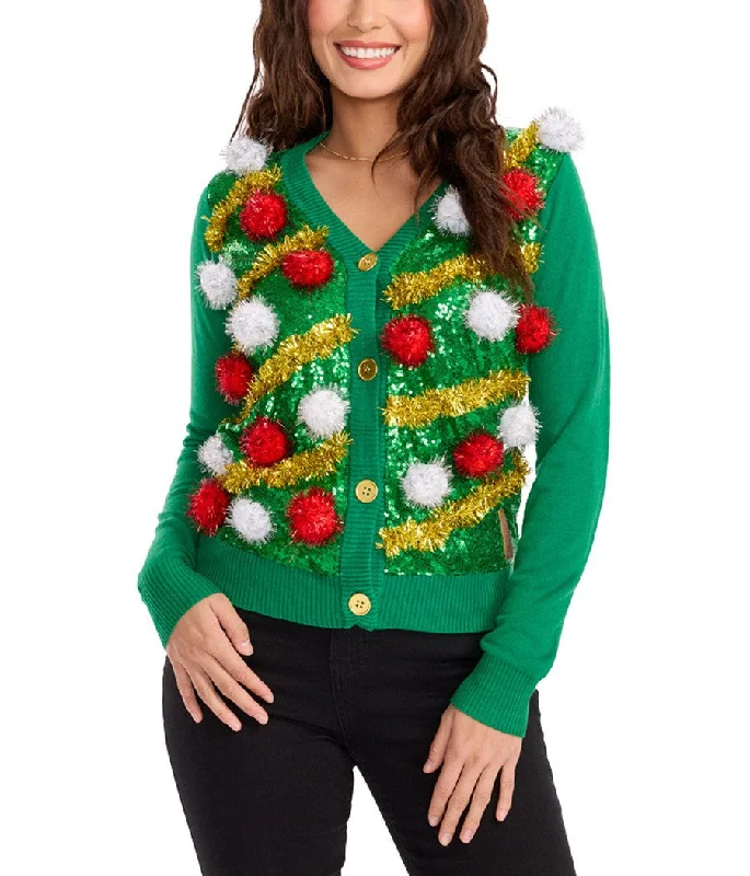 Women's Pom Party Ugly Christmas Cardigan Sweater Terry Blend Velvet Blend Canvas Blend