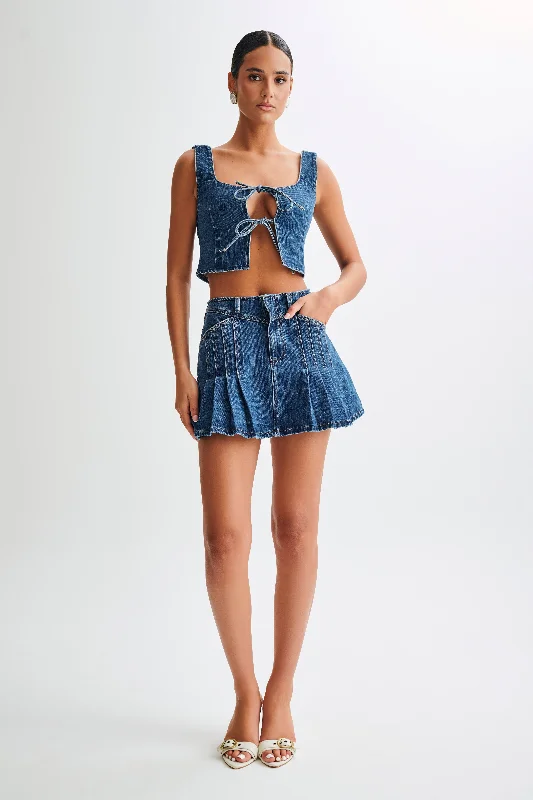 Heather Denim Pleated Mini Skirt - Dark Blue lace skirt elegant