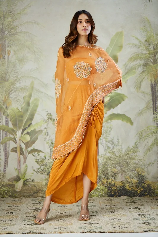 Organza Silk Cape with Drape Skirt - Orange velvet skirt luxury