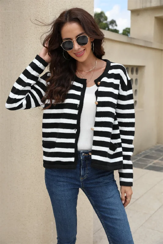 Angel Wings Striped Round Neck Button-Down Dropped Shoulder Cardigan Fitted Slim Tailored