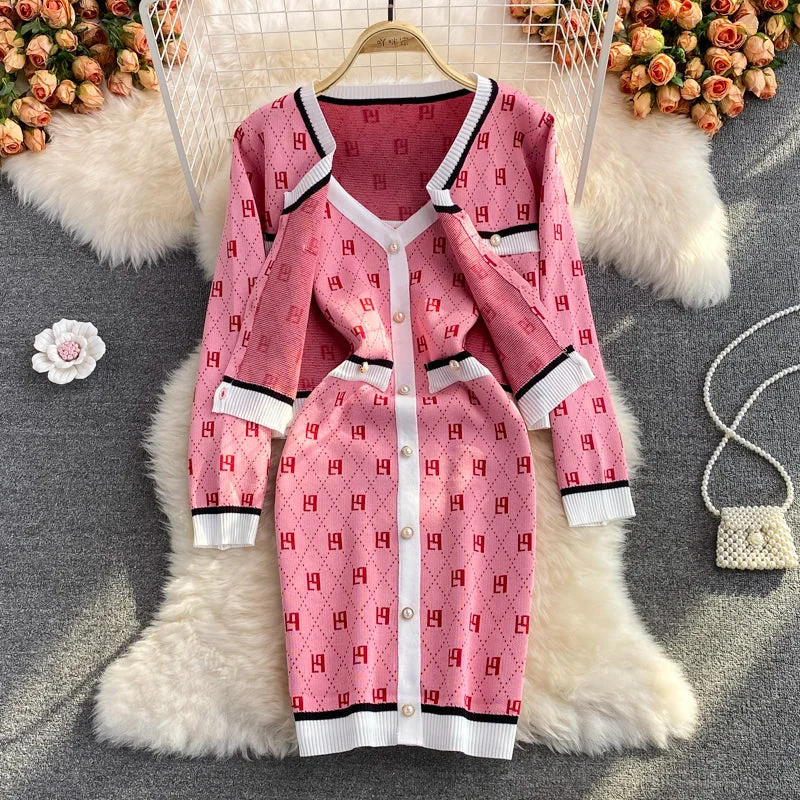 Knitted cardigan two piece V-neck suspender dress  3260 Striped Floral Plaid