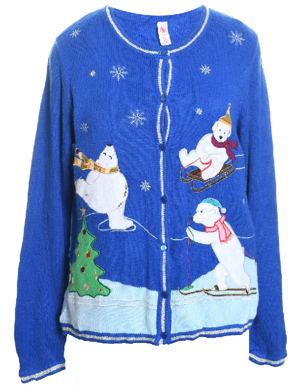Polar Bear Design Blue Knit Christmas Cardigan - L Front Pockets Side Pockets Patch Pockets Polar Bear Design Blue Knit Christmas Cardigan - L Front Pockets Side Pockets Patch Pockets