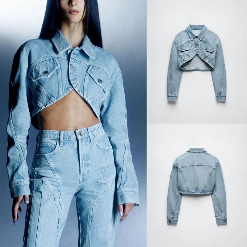 Women Fashion Long Sleeve Irregular Hemline Cropped Denim Jacket Top Faux Fur Fabric Real Fur Fabric Shearling Fabric Women Fashion Long Sleeve Irregular Hemline Cropped Denim Jacket Top Faux Fur Fabric Real Fur Fabric Shearling Fabric