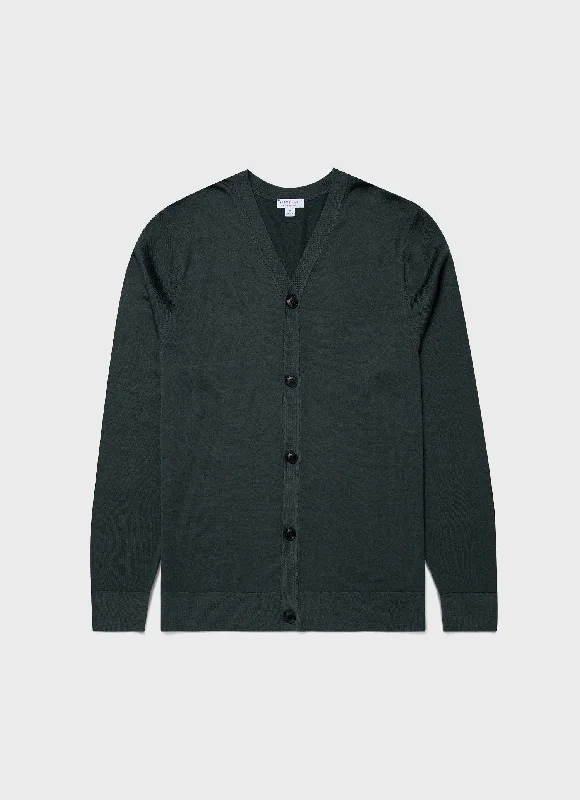 Men's Extra-Fine Merino Cardigan in Drill Green Ribbed Striped Patterned