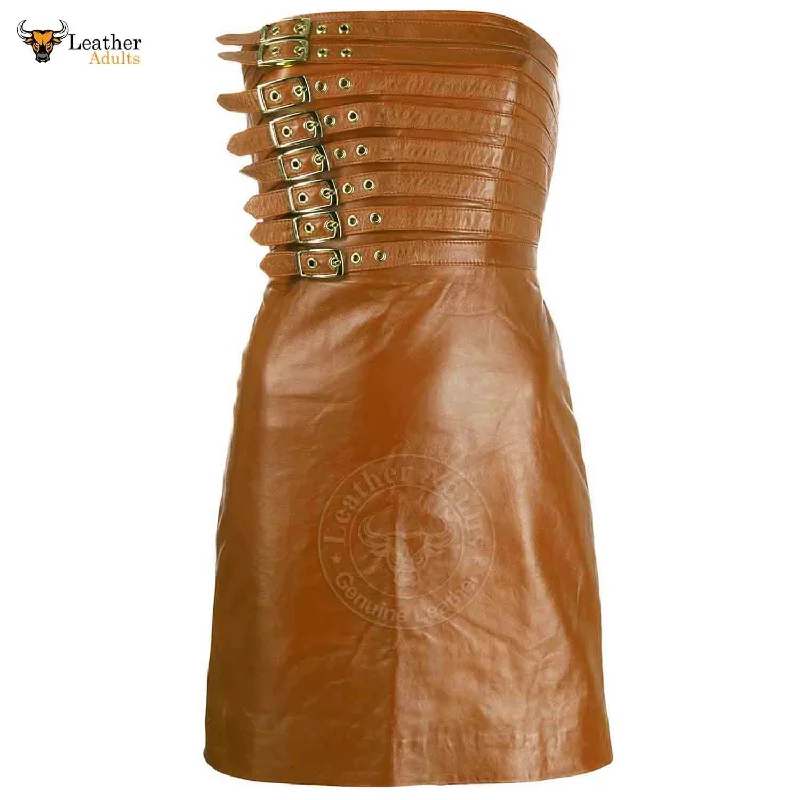 Womens Real Brown Leather Hot Party Dress Casual Wear Buckle Dress Frock Skirts Tunics Review highly Womens Real Brown Leather Hot Party Dress Casual Wear Buckle Dress Frock Skirts Tunics Review highly
