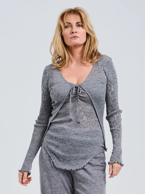 Woolen Cardigan | Merino wool - Grey Melange Welt Pockets Slit Pockets Flap Pockets