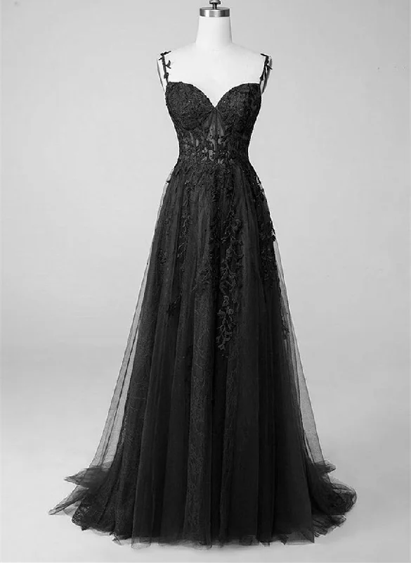 Black Tulle With Lace Straps A-line Prom Dress, Black Long Party Dress Y6139 Tunics Luxurious high-end Black Tulle With Lace Straps A-line Prom Dress, Black Long Party Dress Y6139 Tunics Luxurious high-end