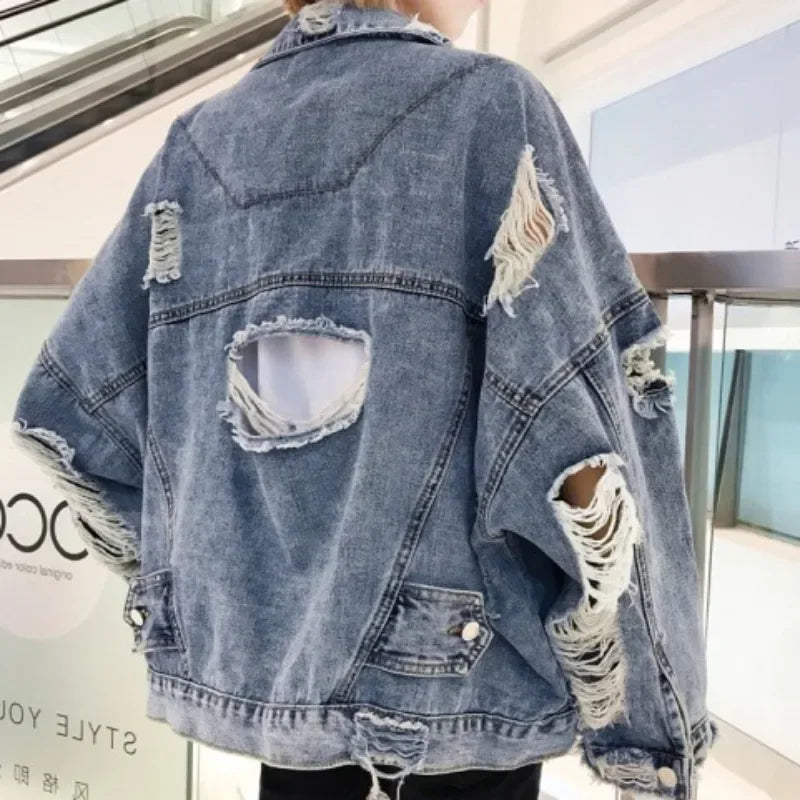Blue Ripped Denim Jacket Welt Pockets Slit Pockets Flap Pockets