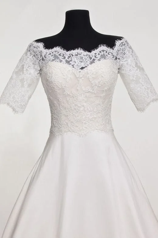 Scalloped Eyelash Lace Wedding Topper Bridal Jacket with Sleeves Stand-Up Collar Roll-Neck Collar Turtle Neck