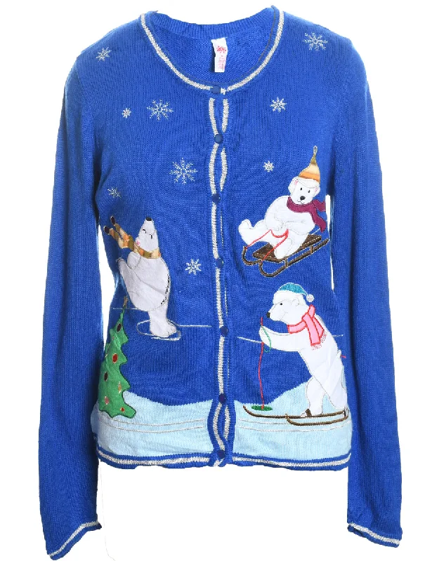 Polar Bear Design Blue Knit Christmas Cardigan - M Zippered Front Buttoned Front Snap Front