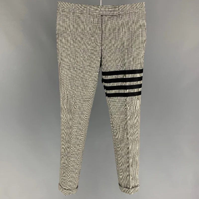THOM BROWNE Size 0 Black White Glen Plaid Wool Cuffed Dress Pants Stylish Elastic Waist Pants