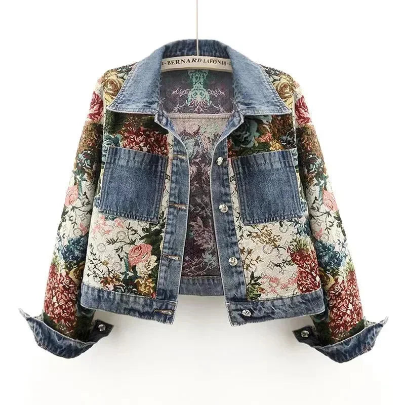 Denim Floral Long Sleeve Jacket Snapped Jacket Toggled Jacket Drawstring Jacket