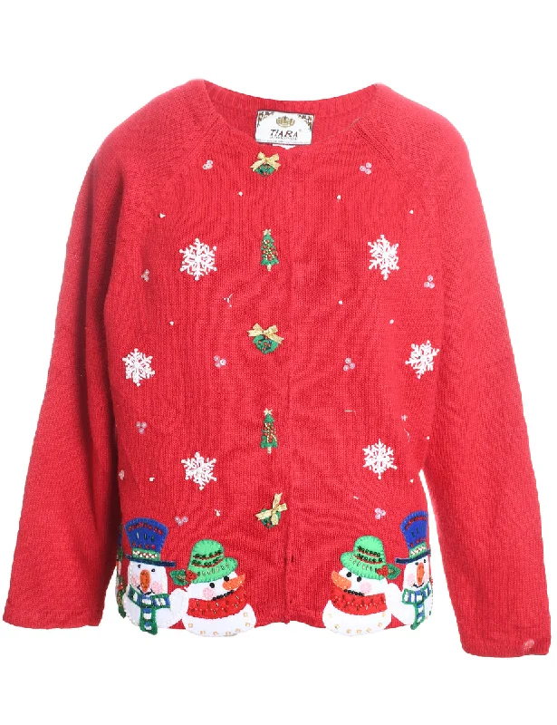 Snowman Christmas Cardigan - M Mesh Blend Leather Blend Suede Blend