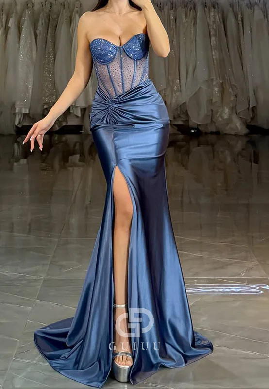 Blue Jay Sheath Sleeveless Strapless Prom Dress with Slit Corset Party Dress Pleated Skirt Elegant
