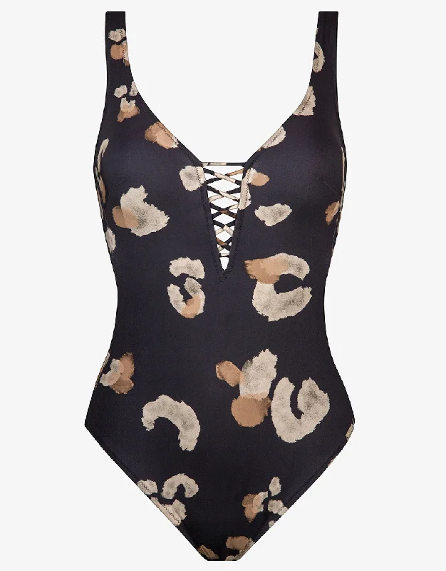 Abstraction Plunge Swimsuit - Black and Brown Quick-Dry Swimsuit