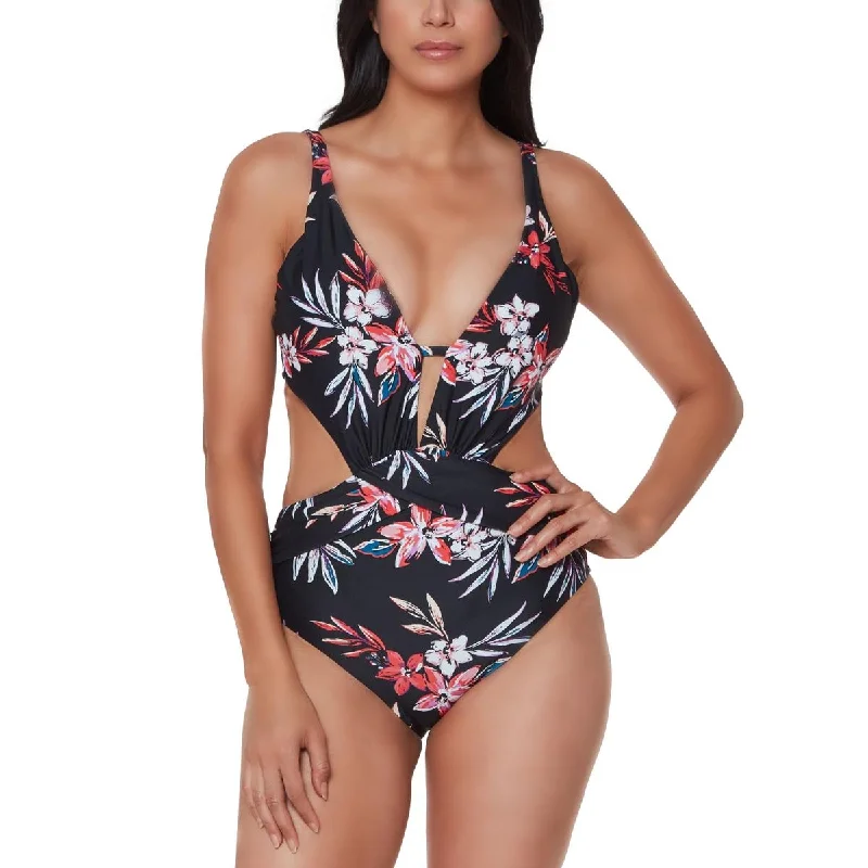 Womens Floral Tummy Toner One-Piece Swimsuit Sporty Swim Shorts
