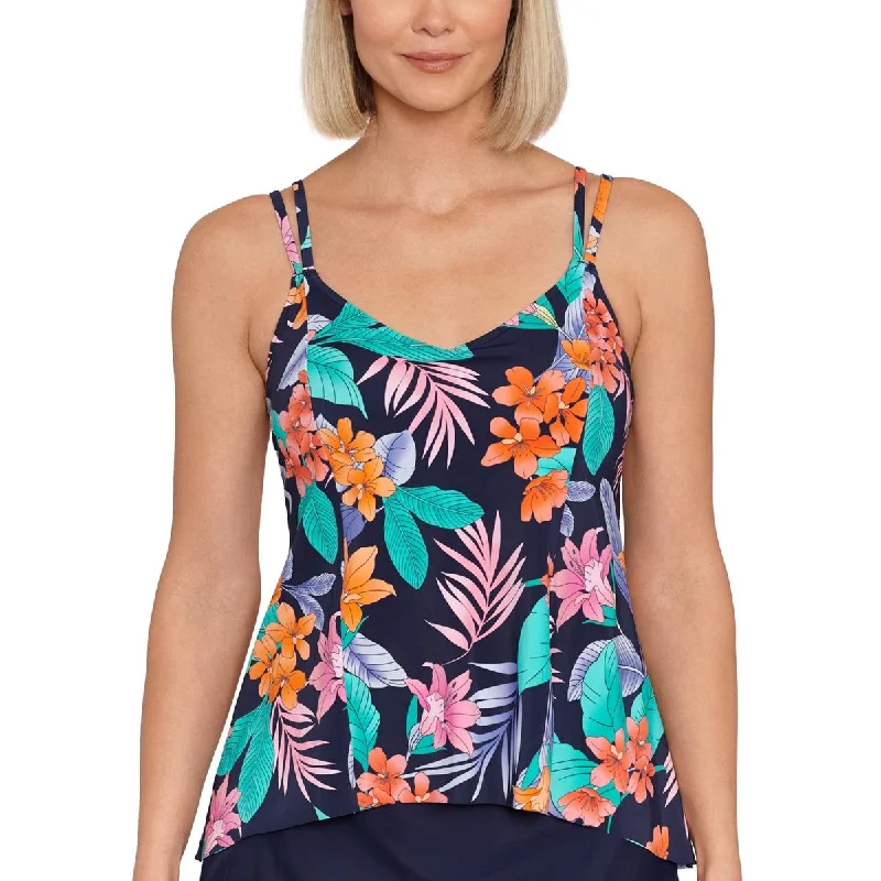 Womens Floral Bust Support Tankini Swim Top Crisscross Back Swimsuit
