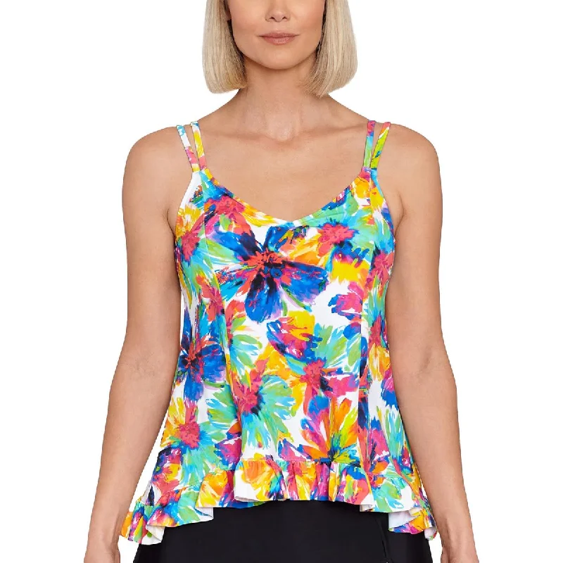 Womens Hi-Low Printed Tankini Swim Top Lace-Detail Bikini Set