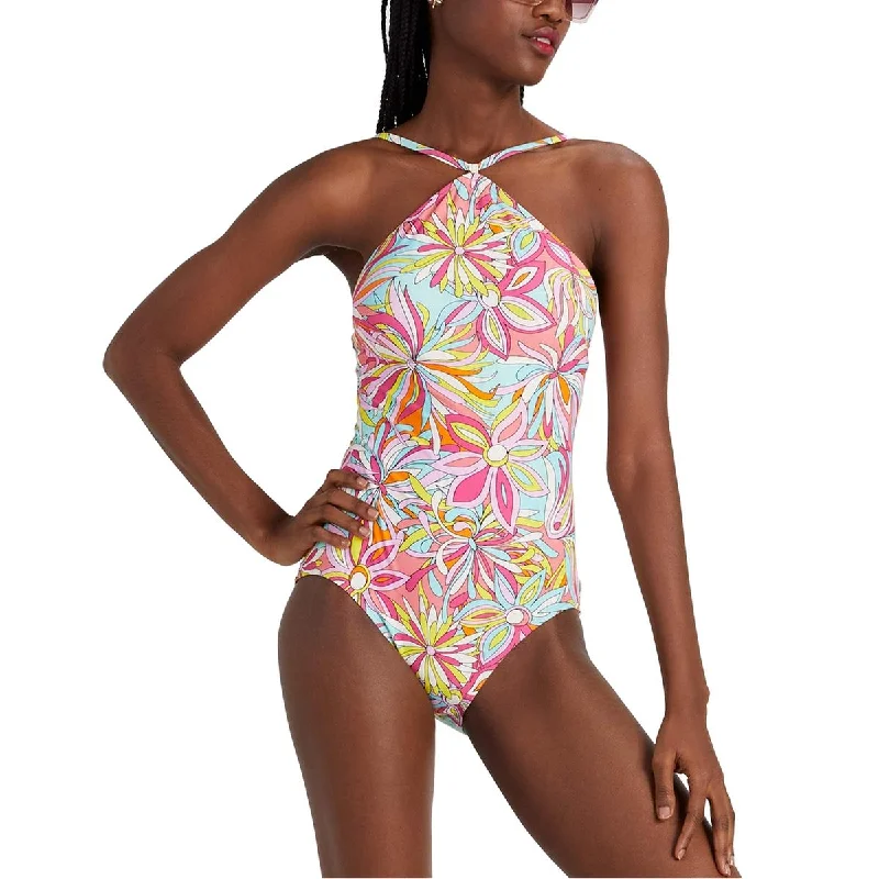 Womens Printed High-Neck One-Piece Swimsuit Sexy Cutout Swimsuit