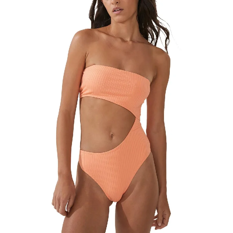 Womens Ribbed Removable Straps One-Piece Swimsuit Mesh Swimsuit Top