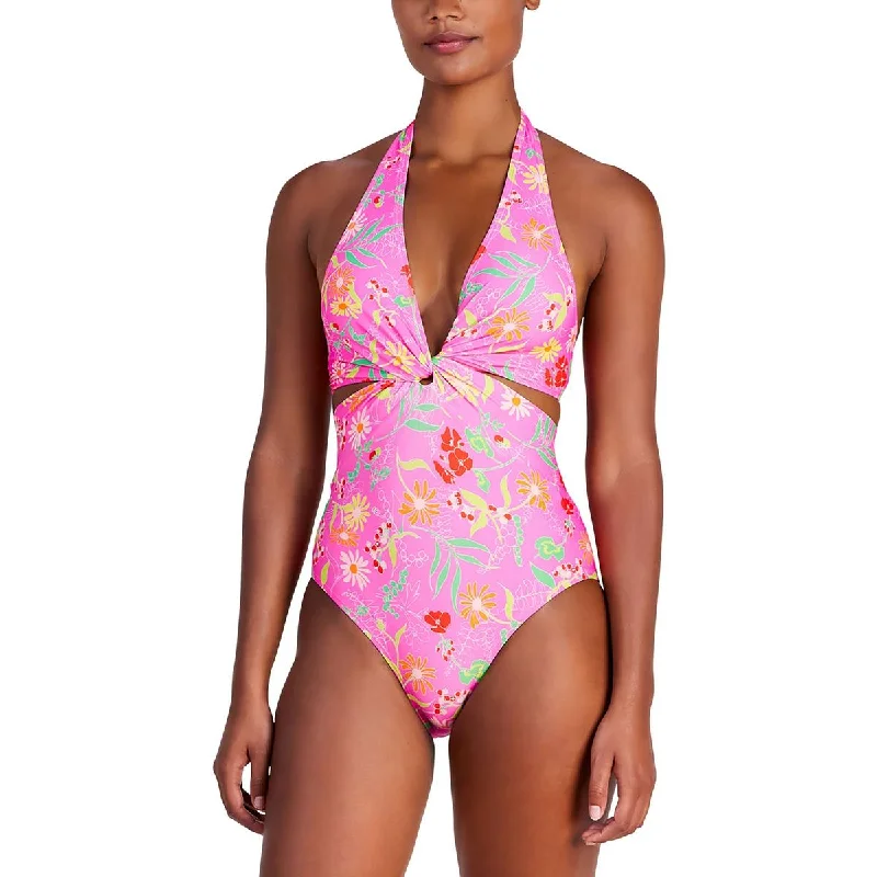 Womens Floral Cut-Out One-Piece Swimsuit High-Waist Bikini Set