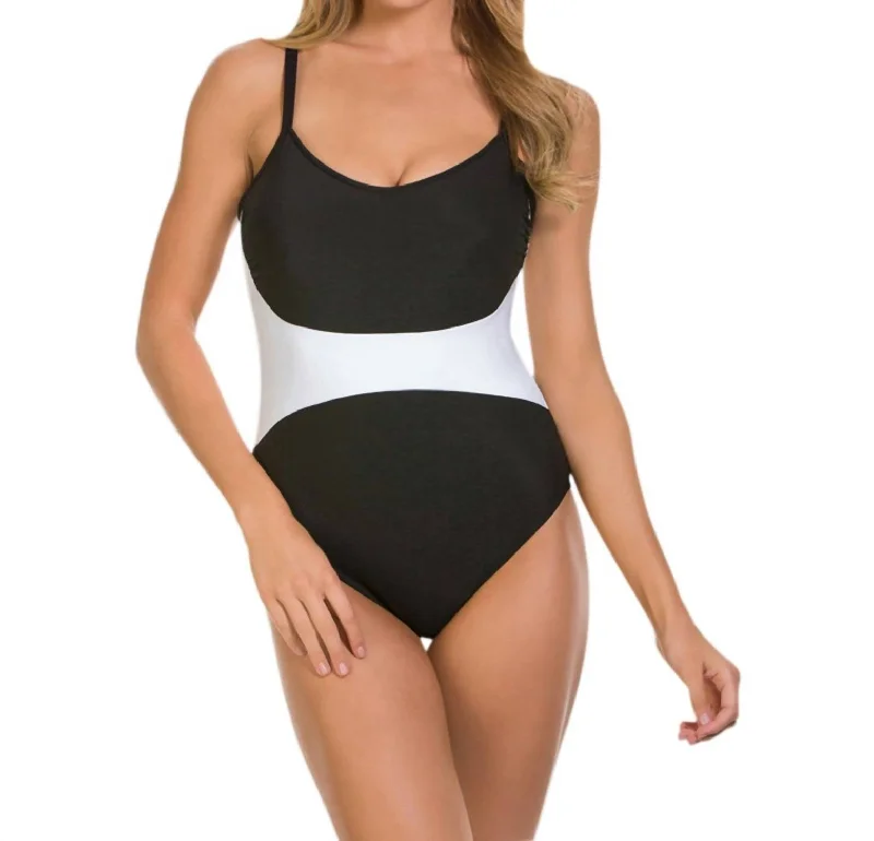 Color Block Serena One Piece Swimsuit In Black White Tropical Print Bikini