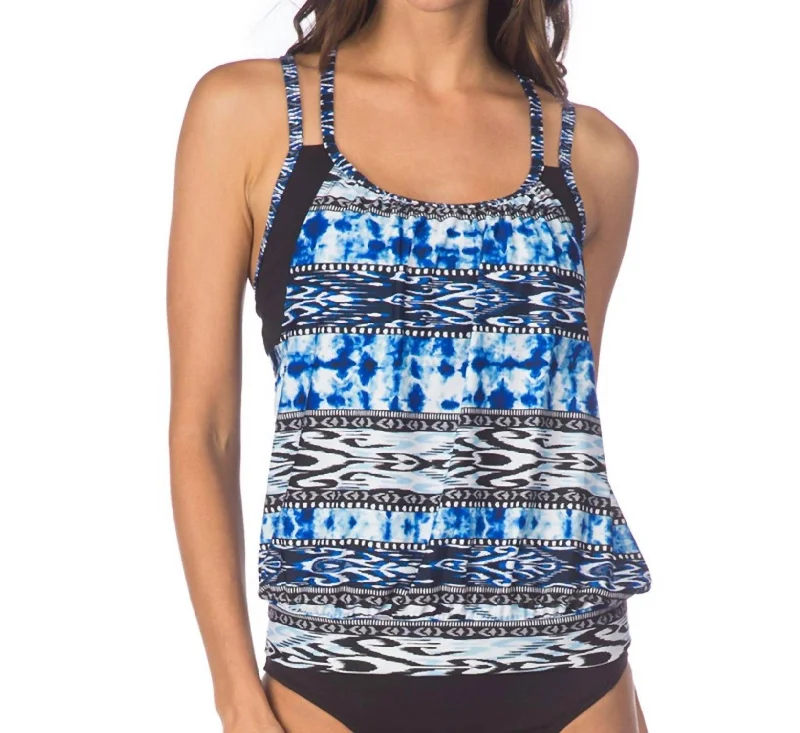 Go Girl Layered Tankini Top In Indigo High-Waisted Swim Bottoms