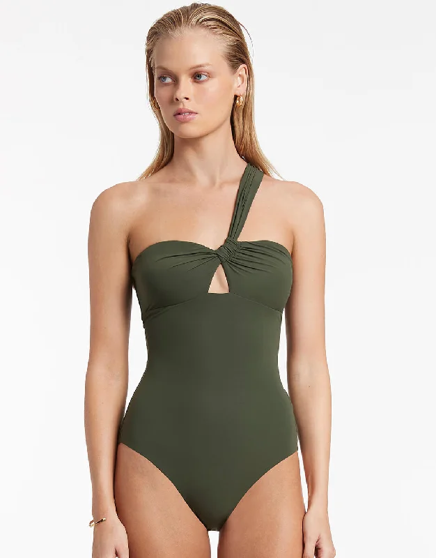 Jetset Gathered One Shoulder Swimsuit - Olive Sporty Racerback Swimsuit