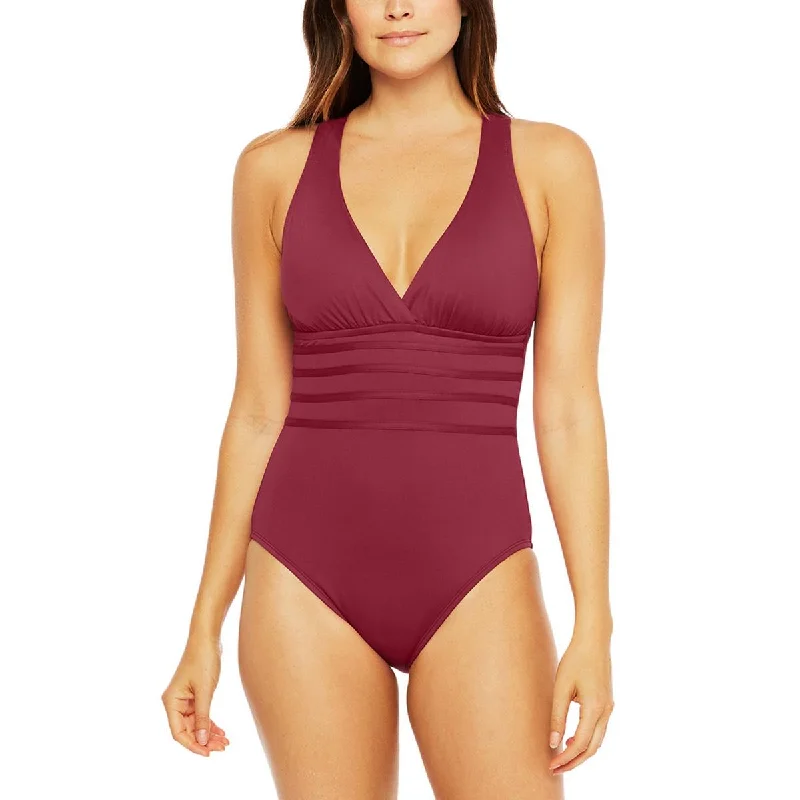 La Blanca Womens Criss-Cross Back V-Neck One-Piece Swimsuit Tropical Print Bikini