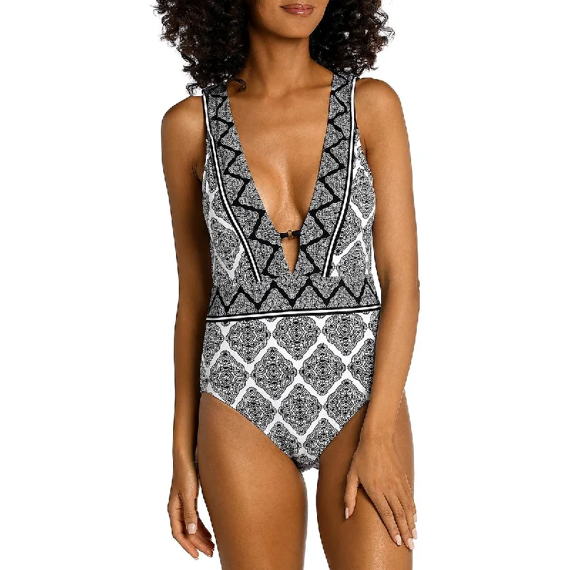 La Blanca Womens Mio Printed Plunging One-Piece Swimsuit Sporty Swim Shorts