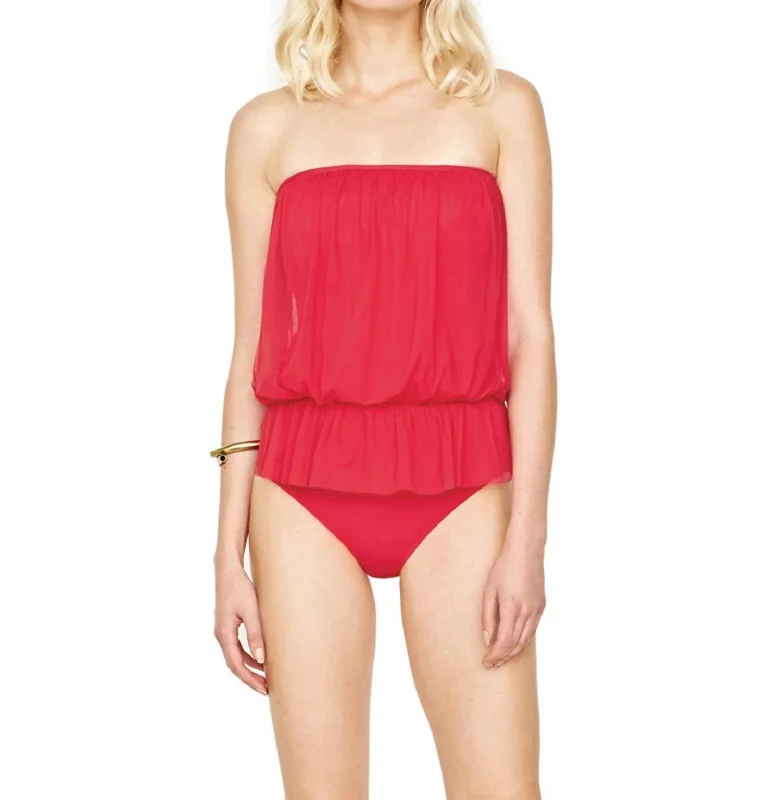 Mesh Blouson Bandeau One Piece Swimsuit In Lattice Red Trendy Swimwear Set