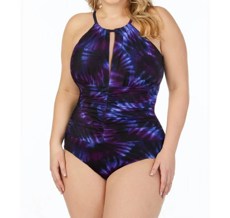Plus Size Katrina Keyhole High Neck One Piece Swimsuit In Purple Classic Monokini Design