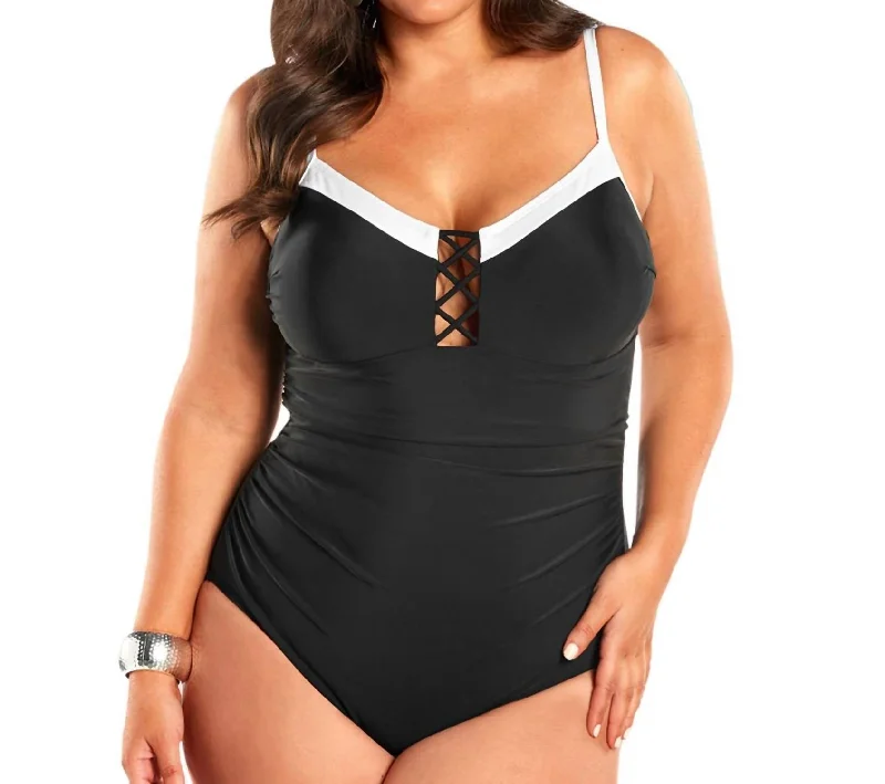Plus Size Mykonos One Piece Swimsuit In Black And White Elegant Swim Dress