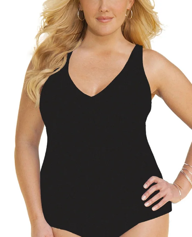 Plus Size Ruched A-Line Tankini Top In Black Elegant Halter Bikini