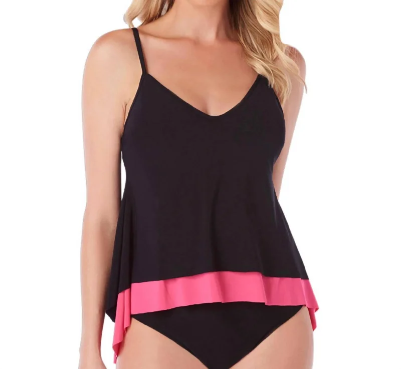 Underwire Jolene Layered Tankini Top In Black And Watermelon Button-Front Swimsuit