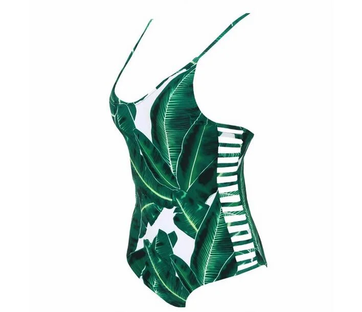 Green Leaf Print Ladder Cutout One-Piece Swimsuit Stylish Swimsuit Set