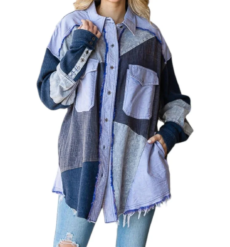Washed Mix Fabric Shirt In Purple-- Embroidered Appliqued Beaded